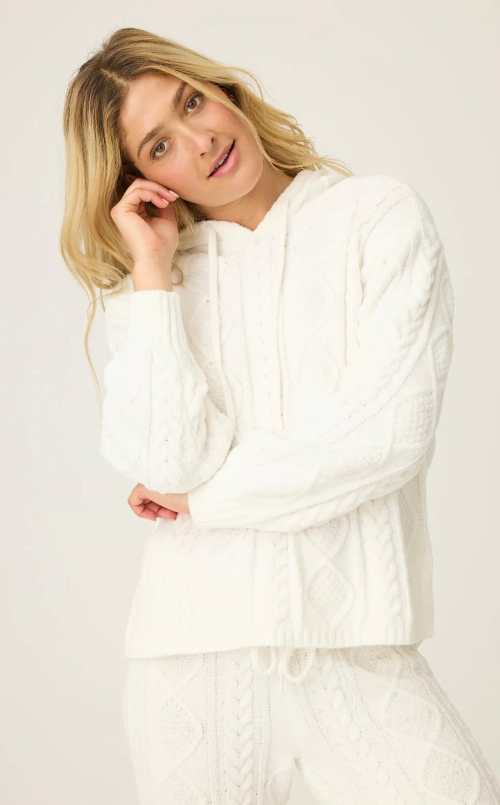 PJ Salvage Cozy Chenille Cable Knit Hoodie - Ivory