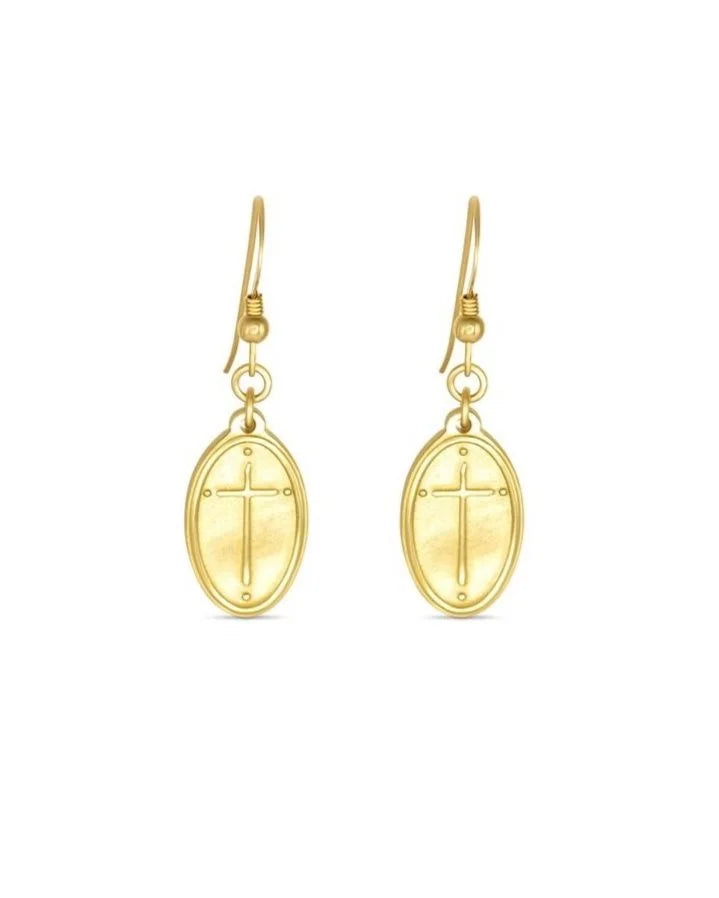 Petite French Hook Earrings Oval Cross / Romans 5:8