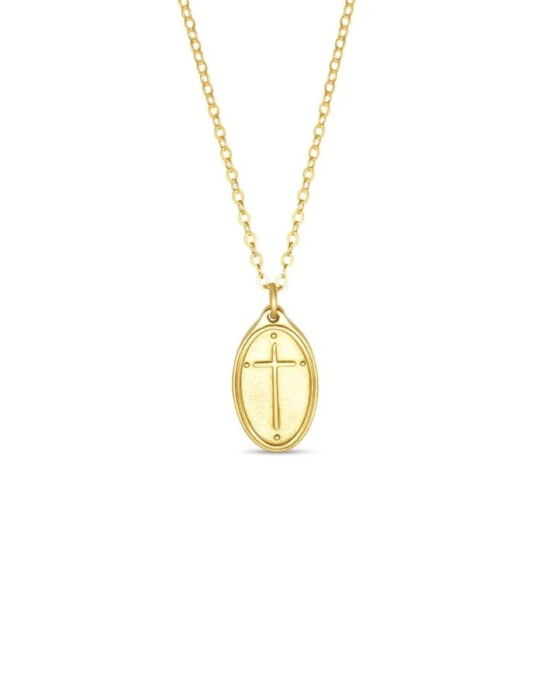 Petite Pendant Necklace Oval Cross / Romans 5:8