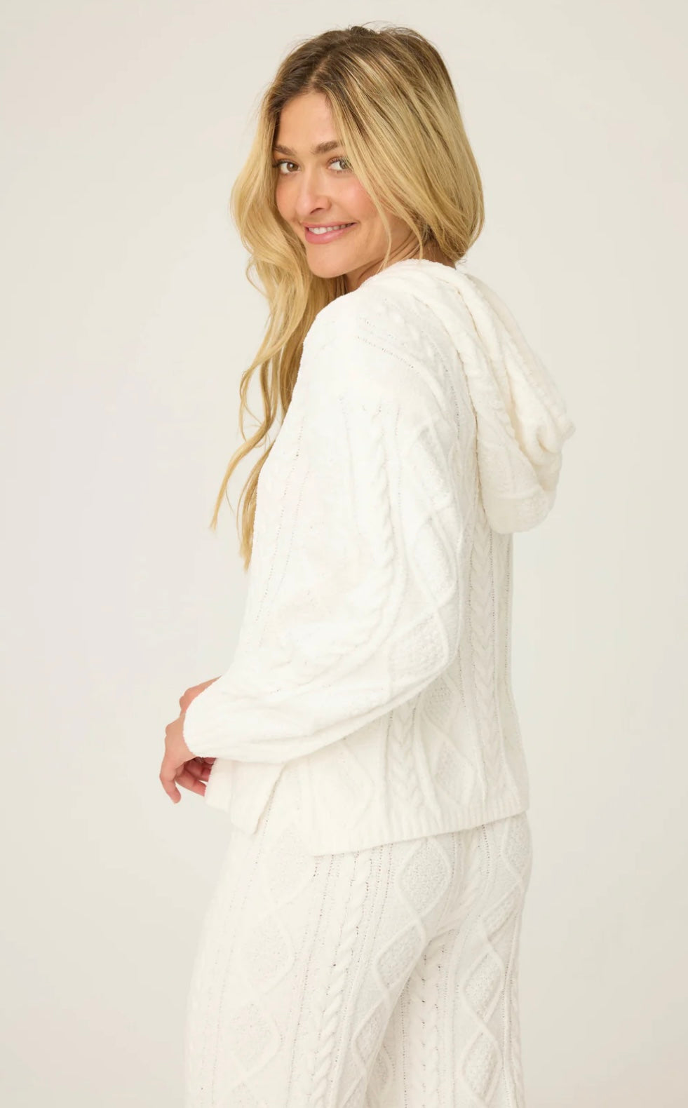 PJ Salvage Cozy Chenille Cable Knit Hoodie - Ivory