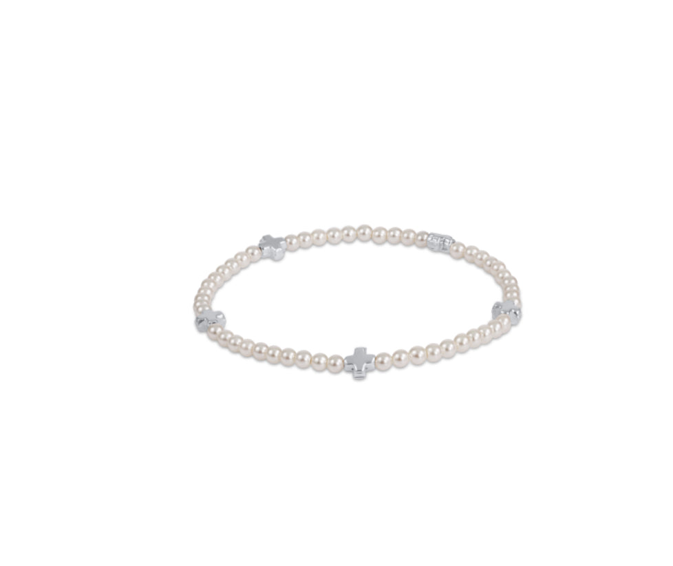 Signature Cross Small Pearl Pattern 3mm Bead Bracelet- Silver