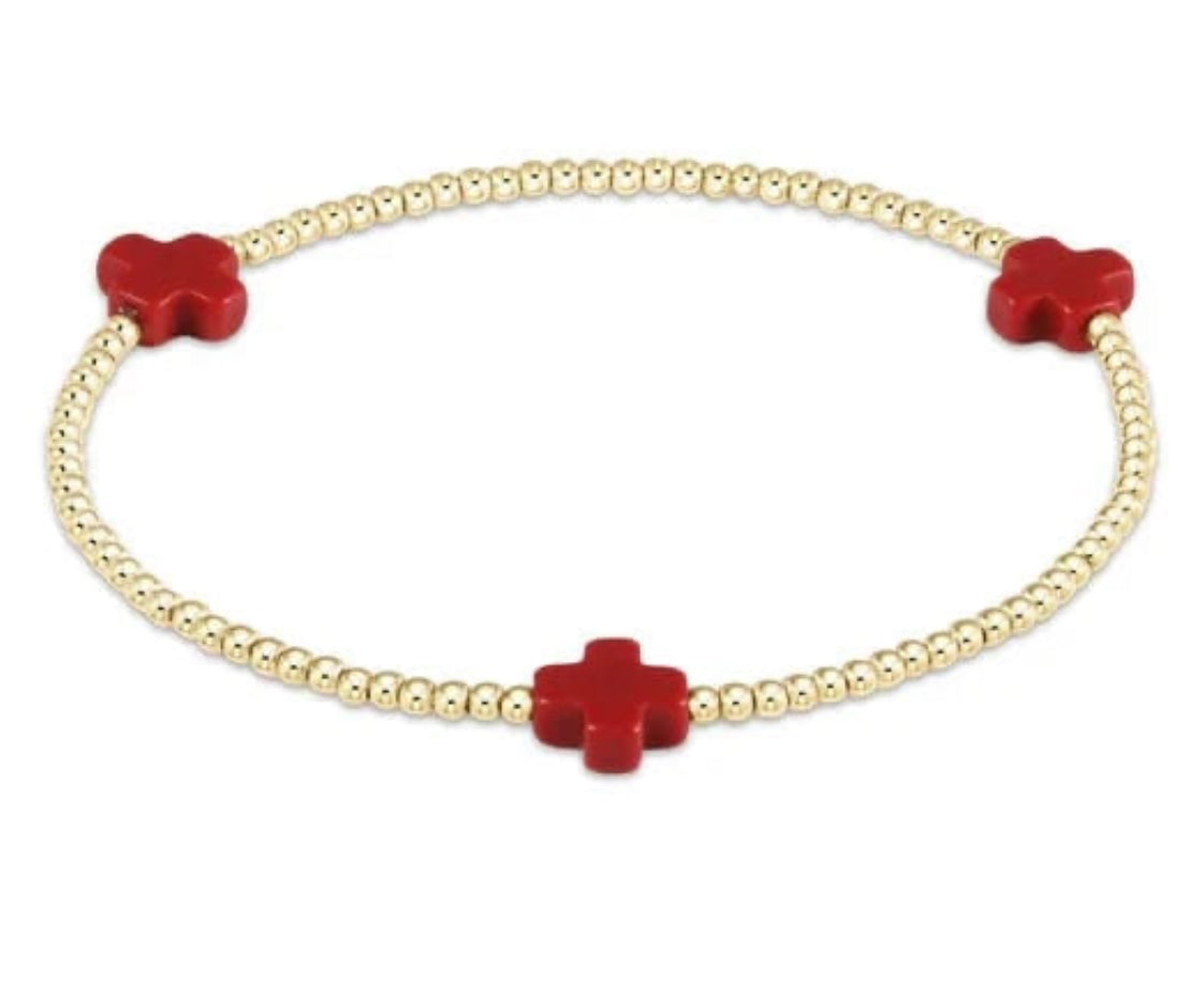 Signature Cross Gold Pattern 2mm Bead Bracelet- Red