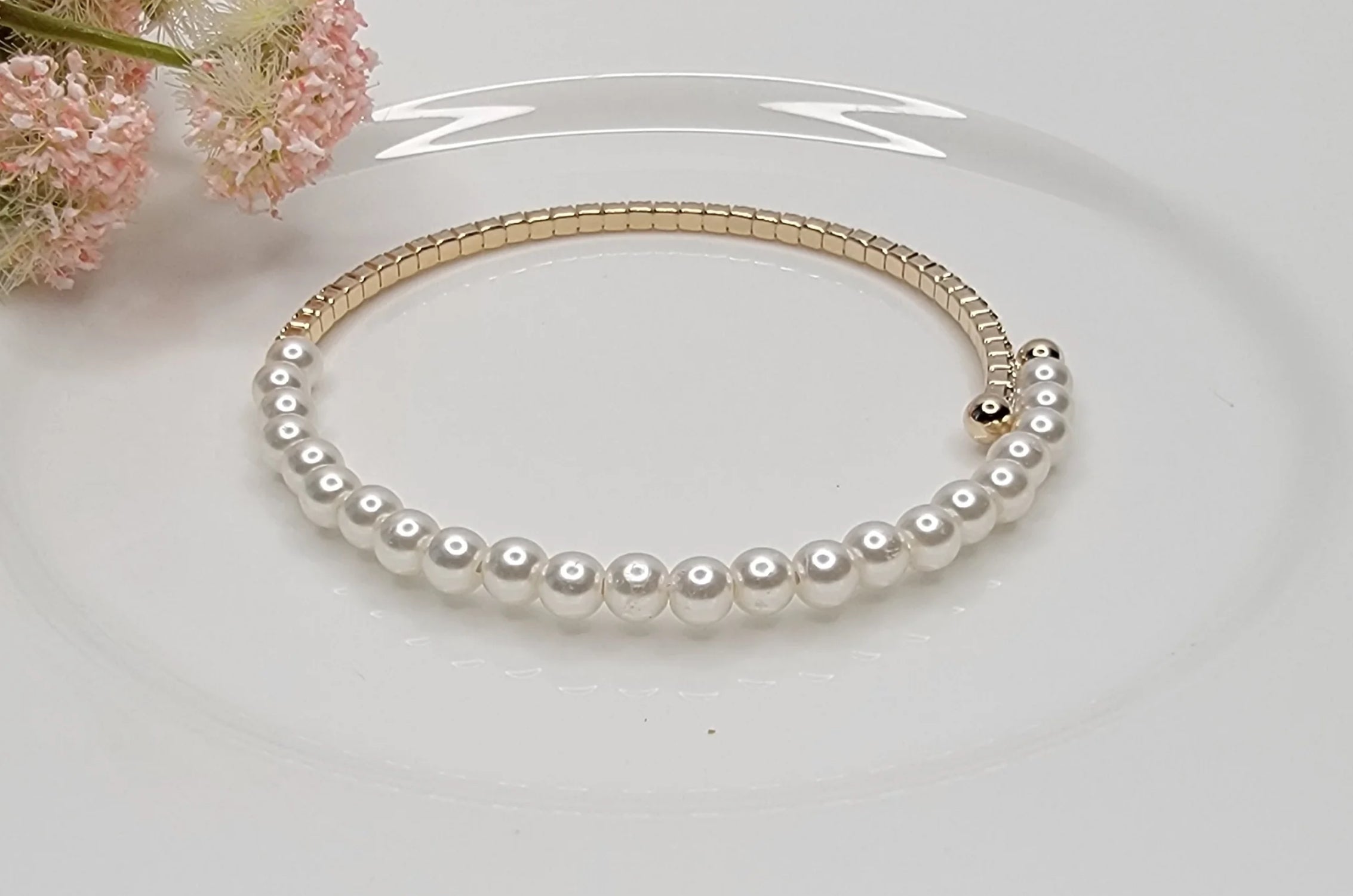 Stackable Flexible Cuff Half Rhinestone Half Pearl