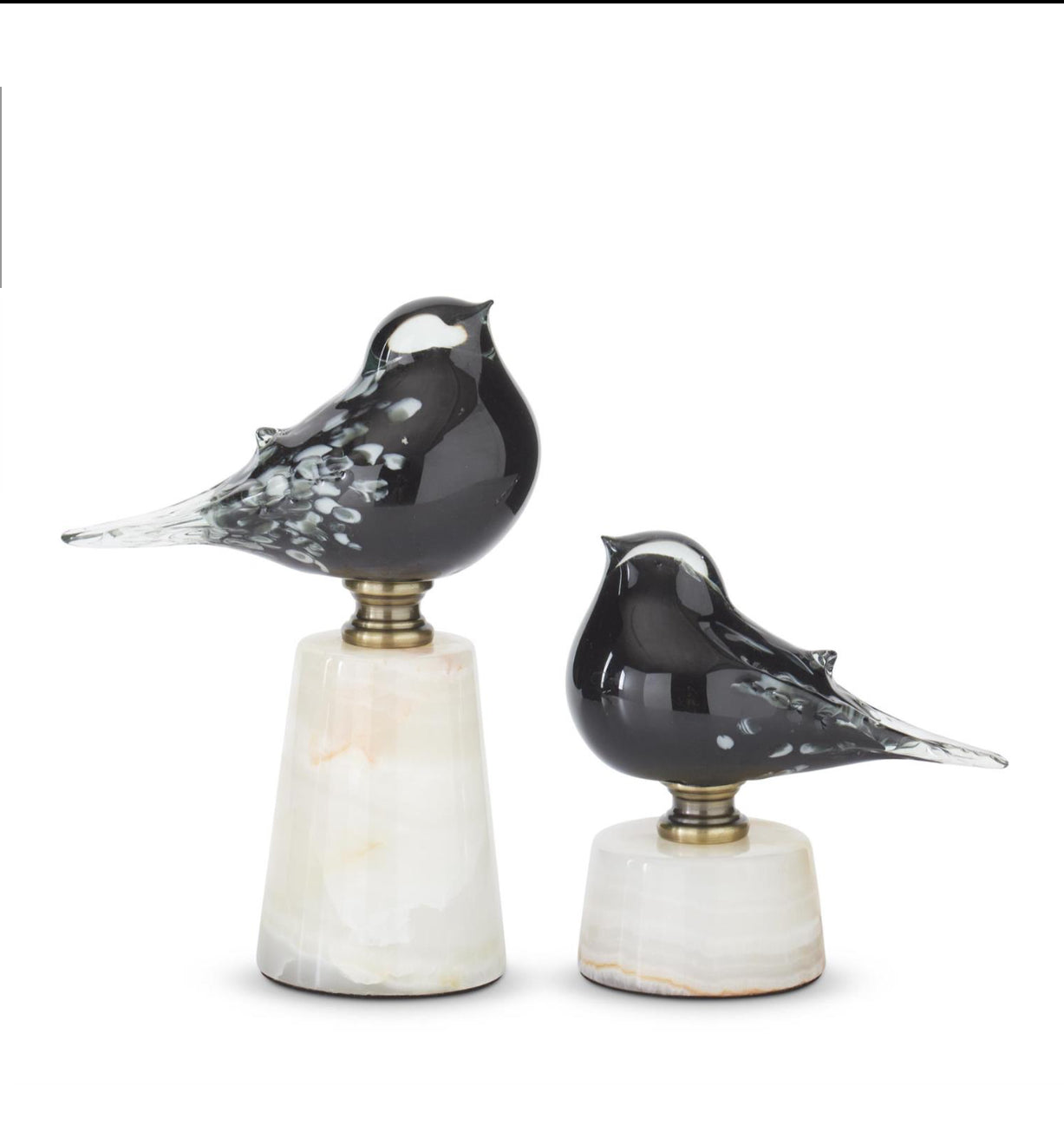 Black And White Speckle Glass Birds on White Round Marble Bases/ set of 2