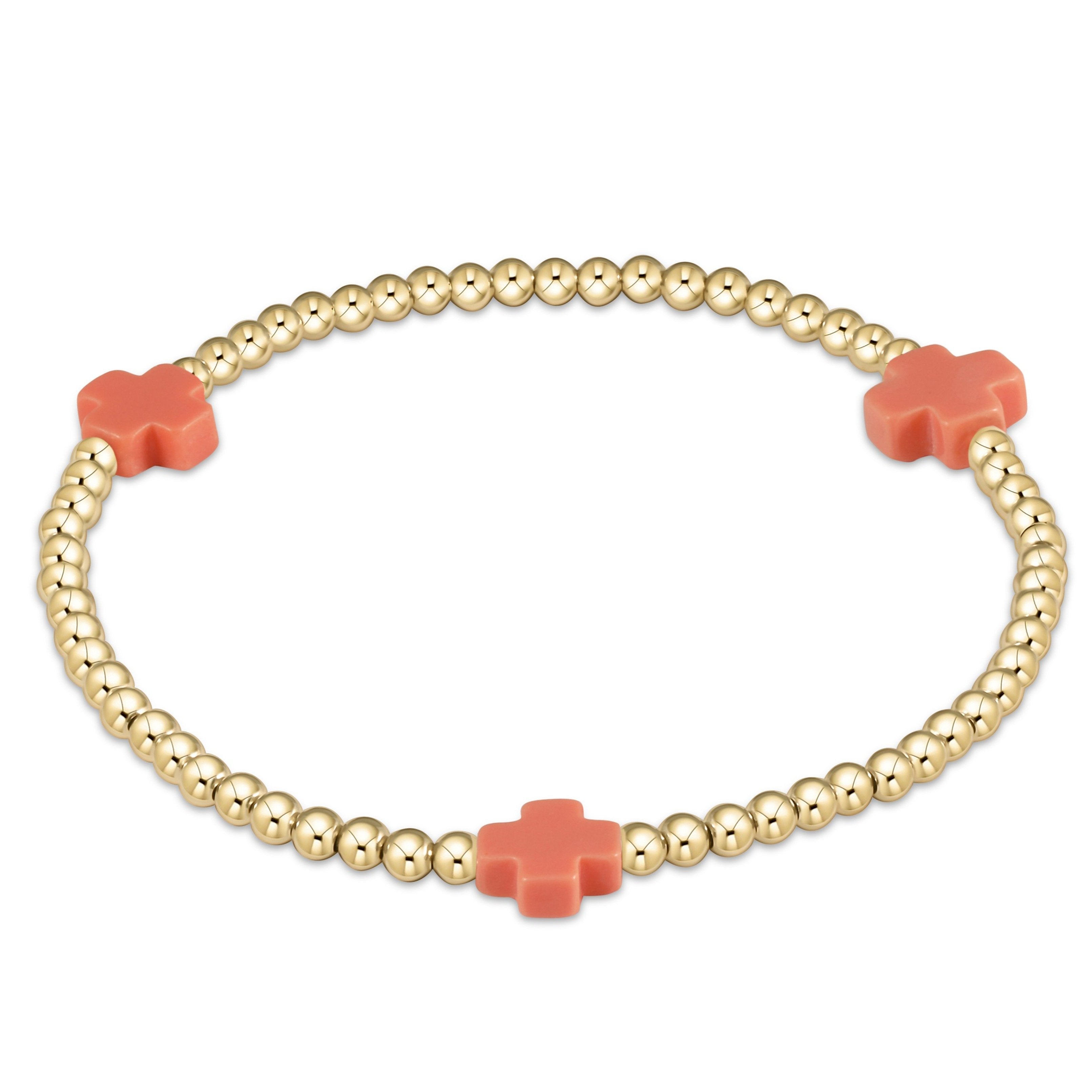 Signature Cross Gold Pattern 3mm Bead Bracelet- Coral