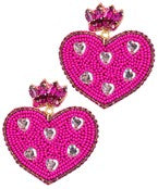 Beaded Crystal Heart Earrings- Fuchsia
