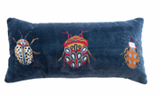 Cotton Velvet Embroidered Lumbar Pillow w/ Beetles & Chambray Back