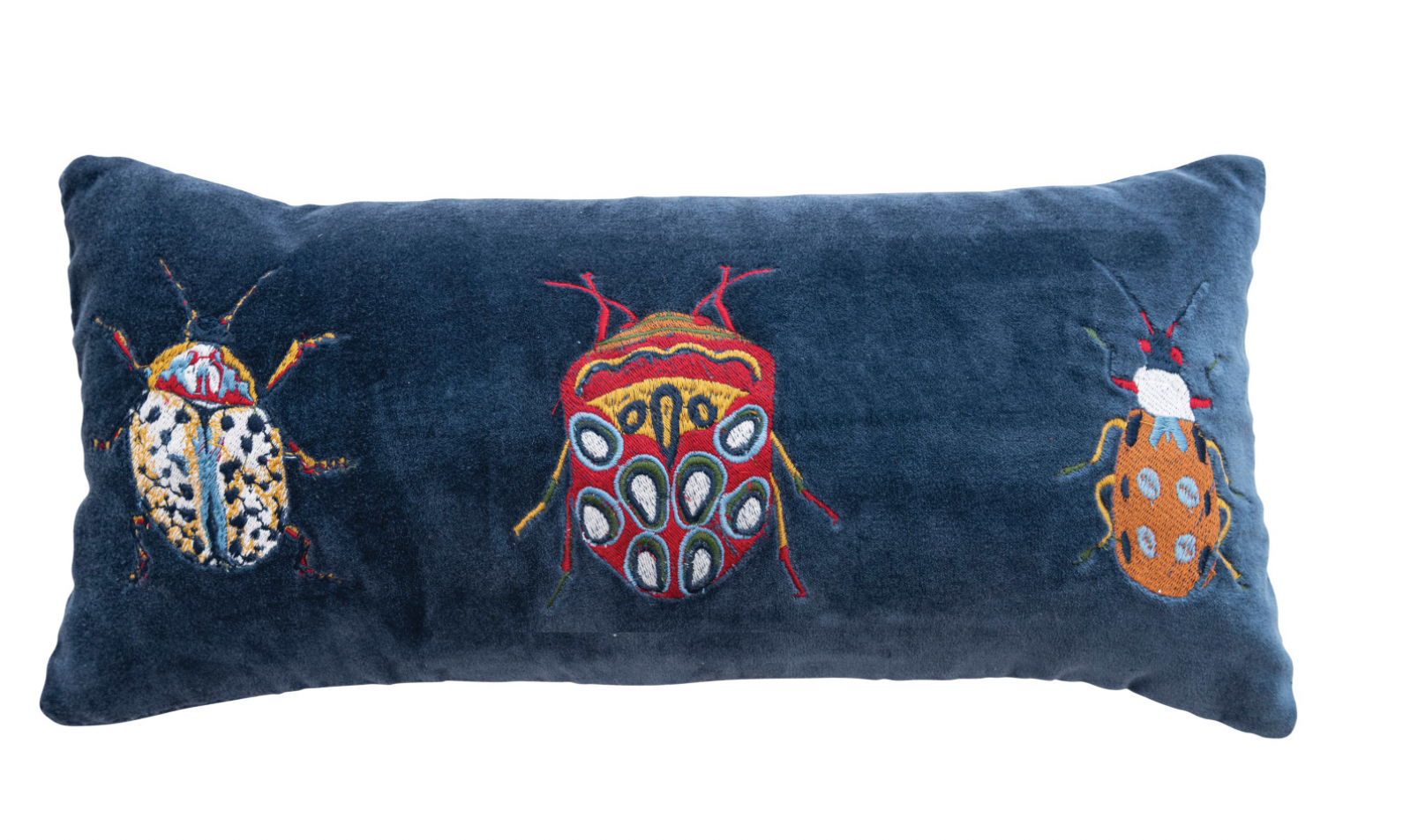 Cotton Velvet Embroidered Lumbar Pillow w/ Beetles & Chambray Back