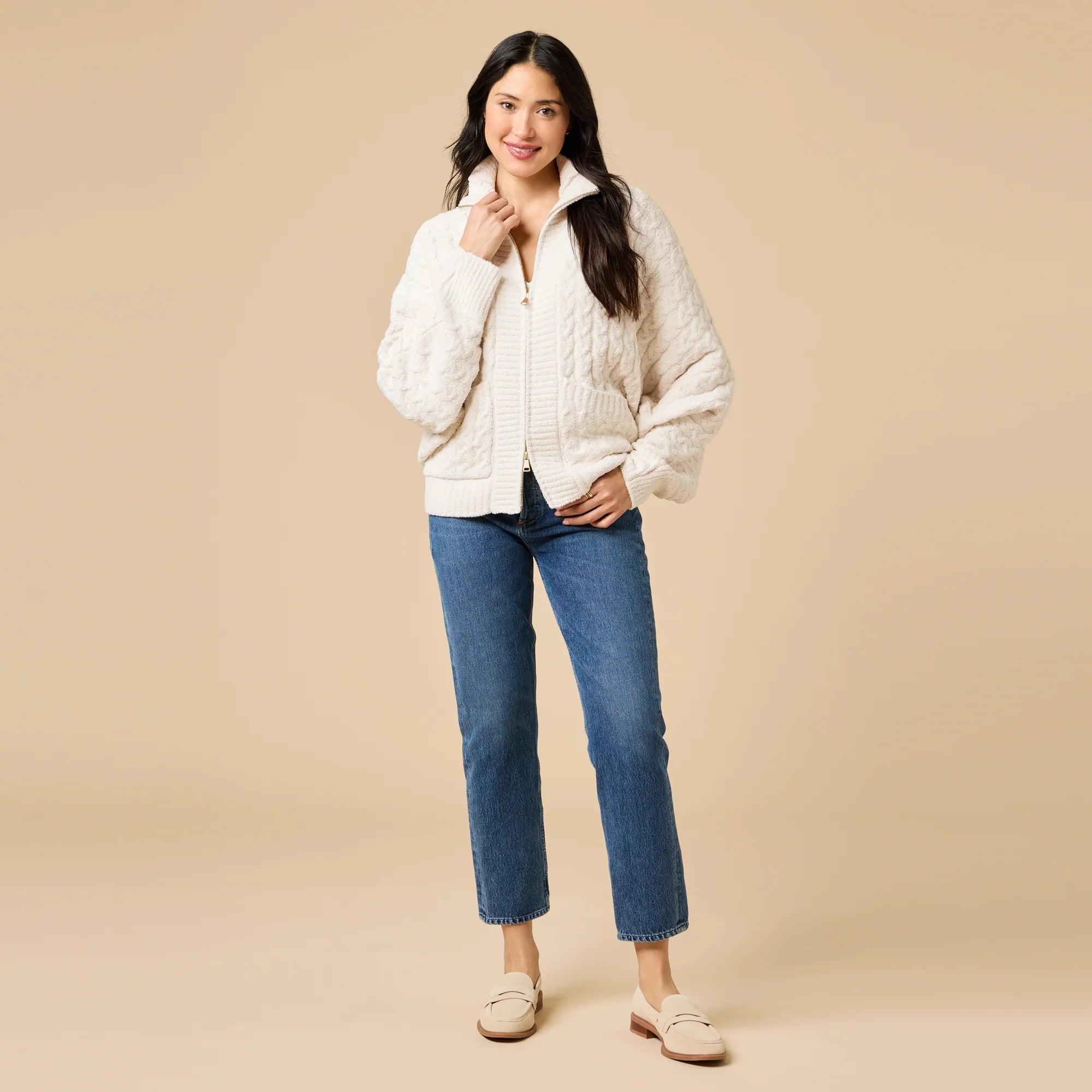 Cable Knit Marshmallow Funnel Neck Double Zip Jacket- Almond