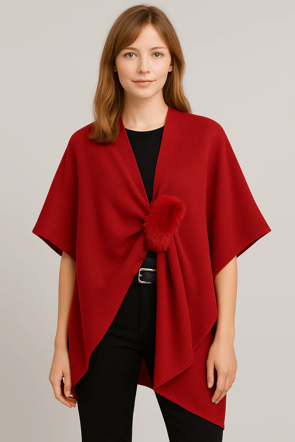 Ruana With Fur Strap /  Red