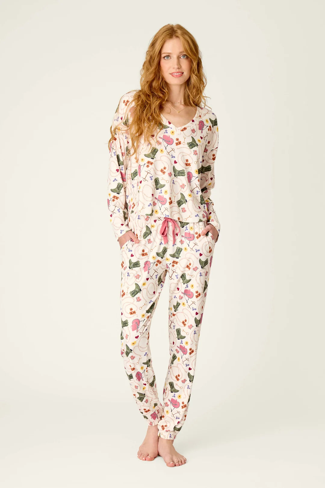 Saddle Up Western Print Long Sleeve V-Neck Top