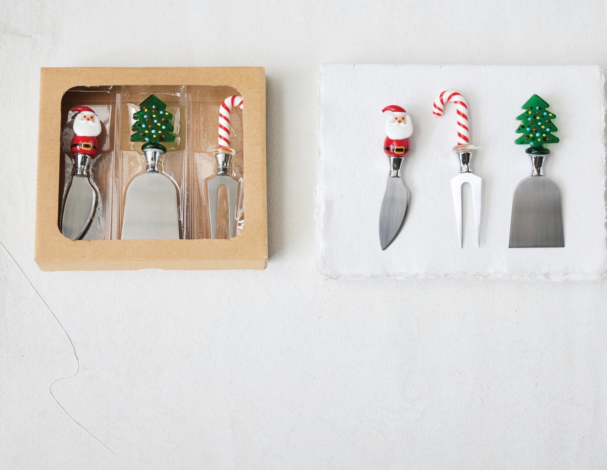 Cheese Knives with Hand-Blown Glass Holiday Icon Handle, Boxed Set of 3