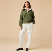 Cable Knit Marshmallow Funnel Neck Double Zip Jacket- Olive