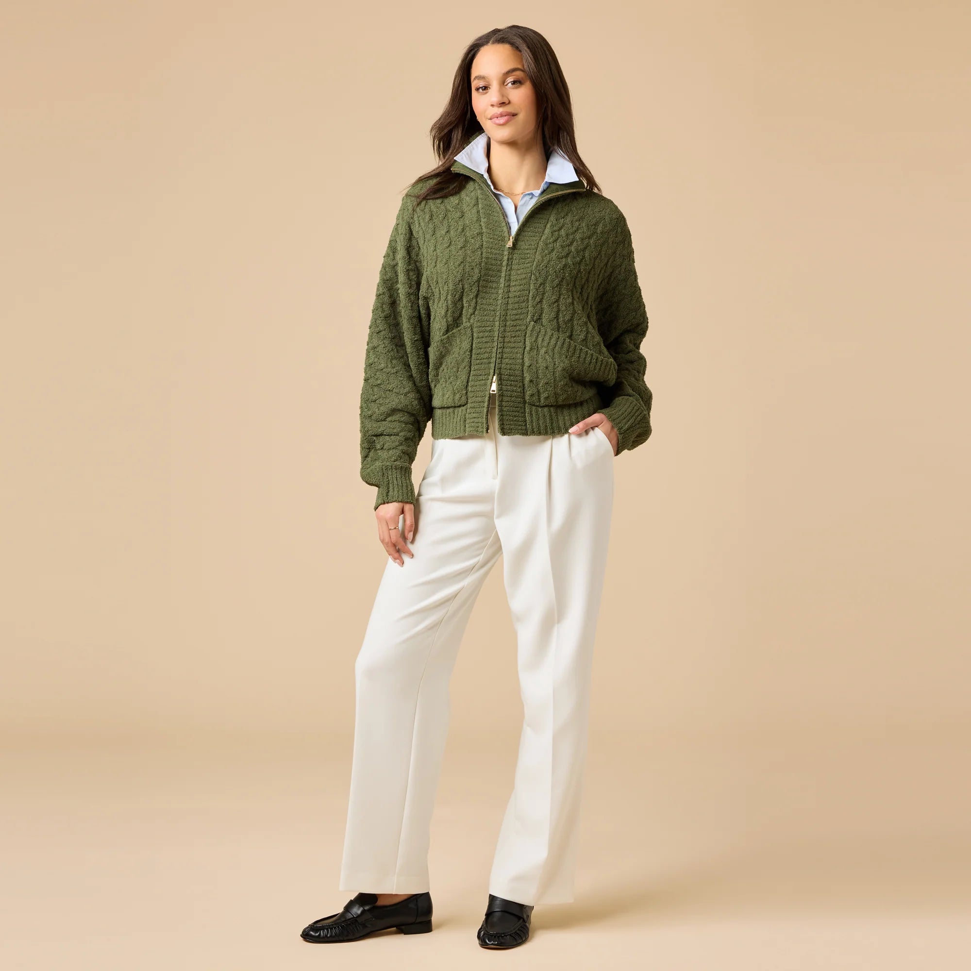 Cable Knit Marshmallow Funnel Neck Double Zip Jacket- Olive