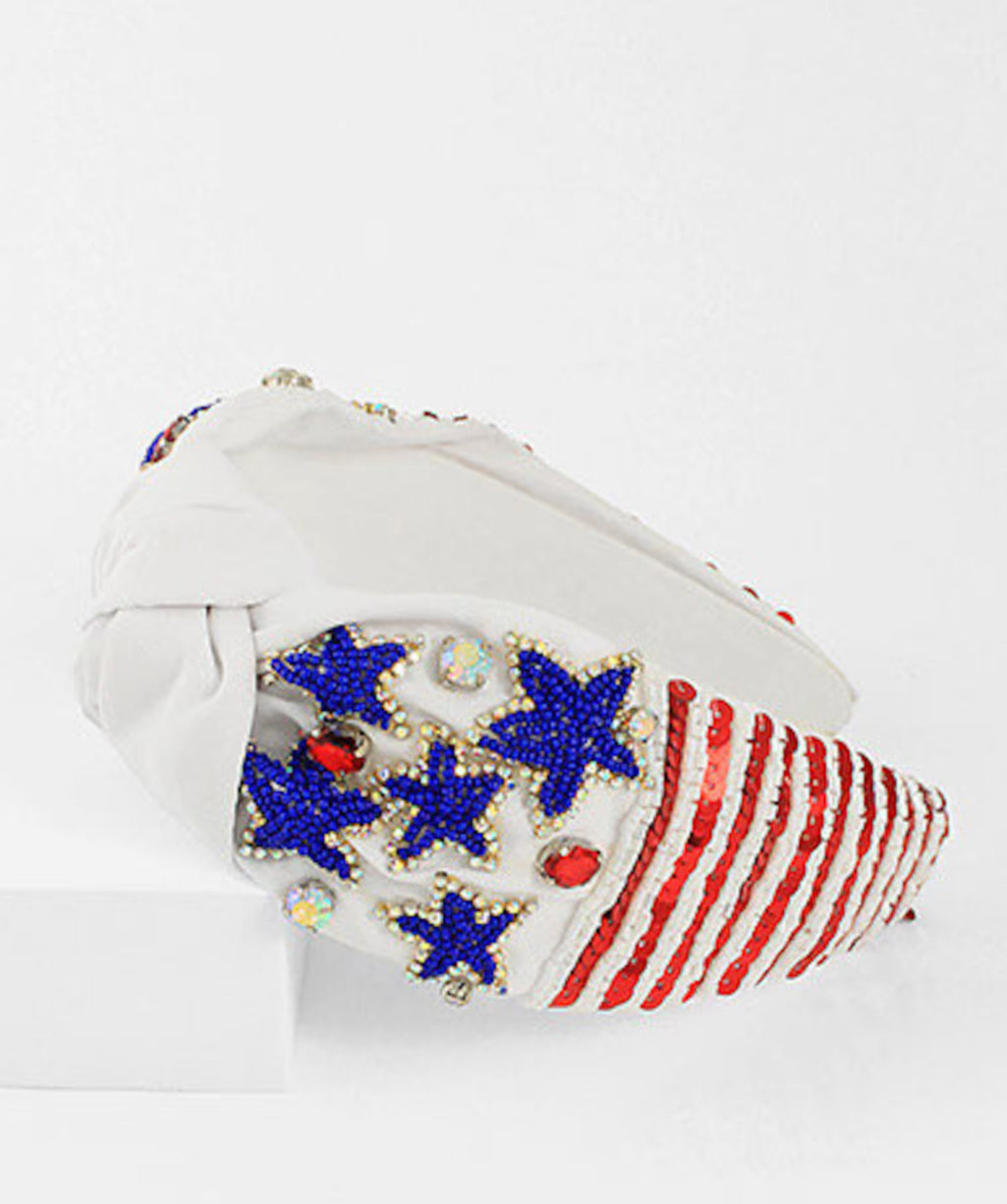 USA Flag Beaded Headband - White