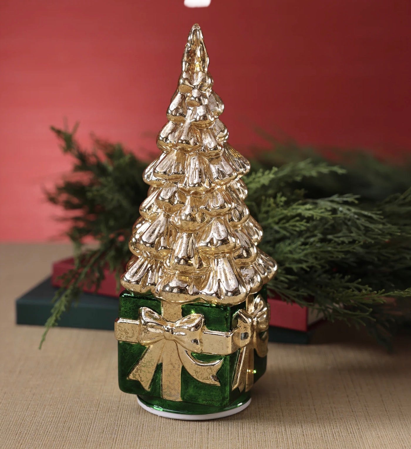 LED Rotating Tree On Present Gold/Green