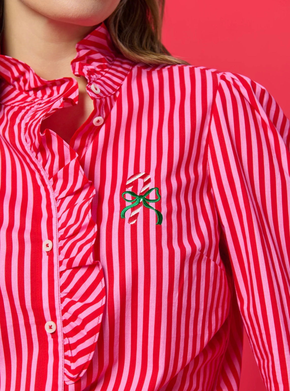 Shiraleah Candy Cane Ruffle Blouse, Red