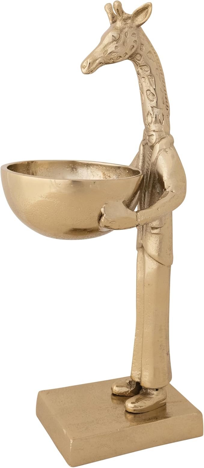 Cast Aluminum Giraffe Holding Bowl, Gold Finish