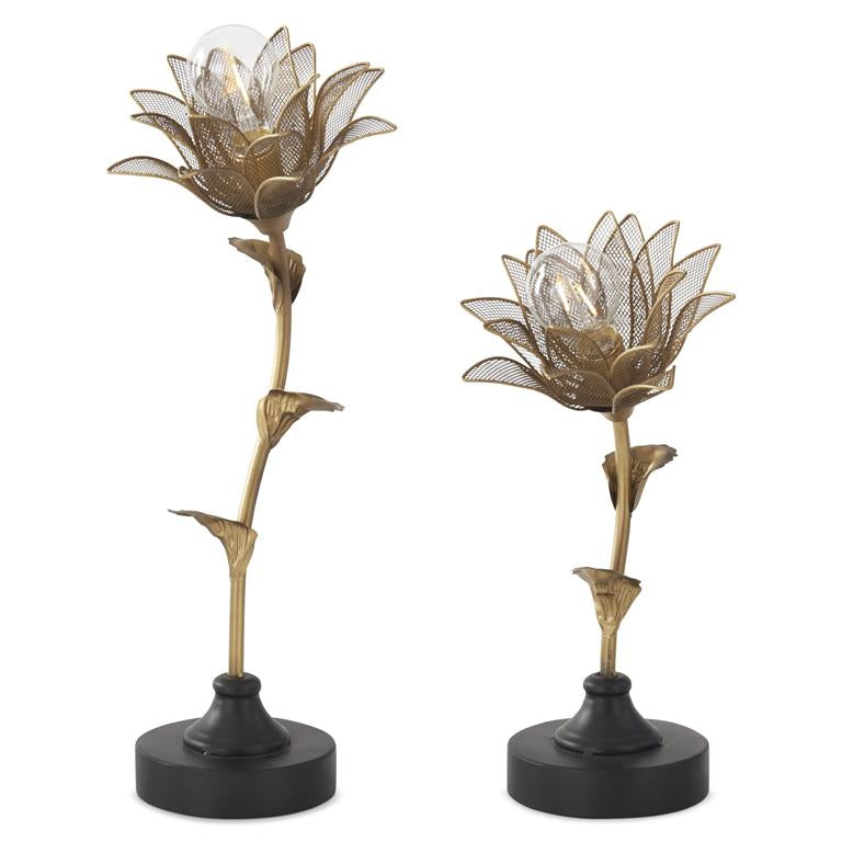 Set of 2 Gold Mesh Flower LED Lamp w/ Timer
