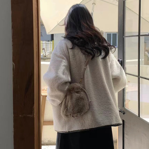 Faux Fur Bucket Bag - Beige