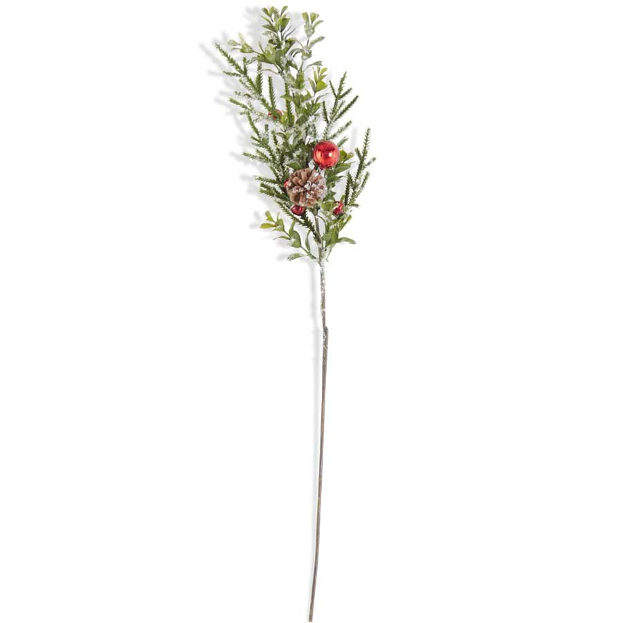 Red Bell & Pinecone Snowy Leaf Stem 25”