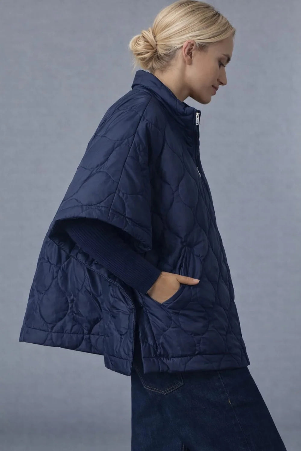 Quarter Zip Quilted Puffer Poncho / Navy