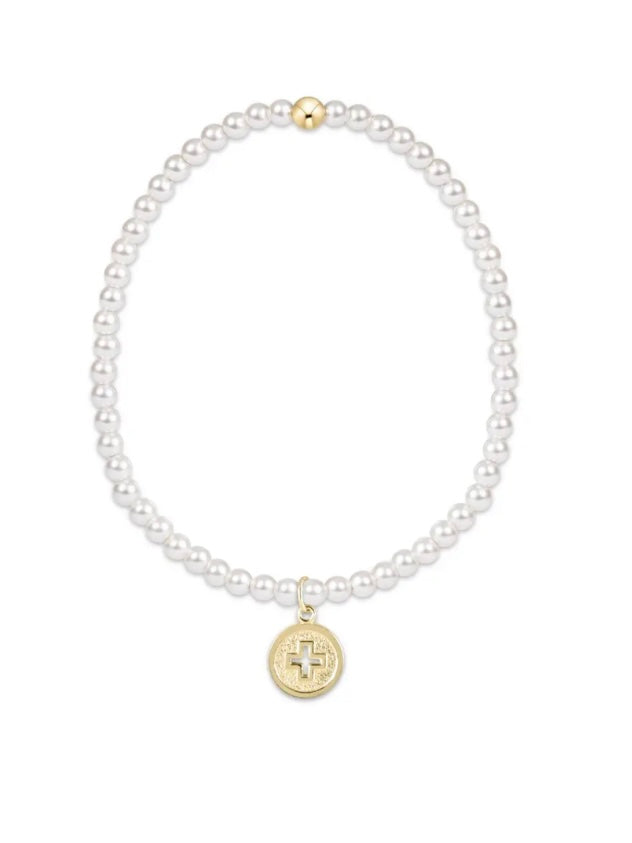 Classic Pearl 3mm Bead Bracelet- Signature Cross Gold Disc