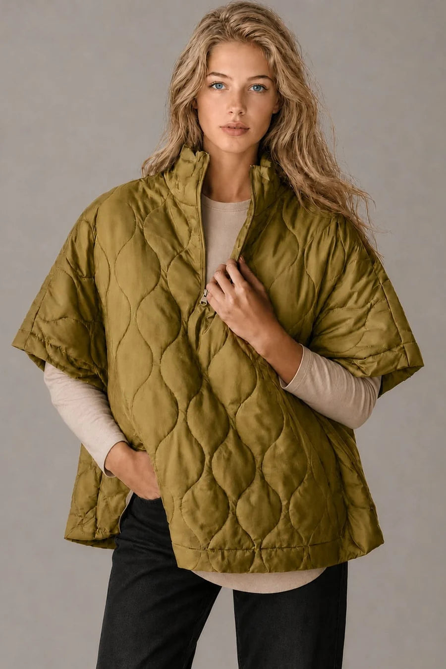 Quarter Zip Quilted Puffer Poncho / Mustard