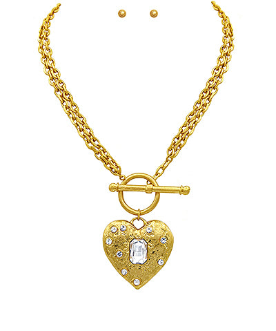 Layered & Pave Heart w/Stone Necklace
