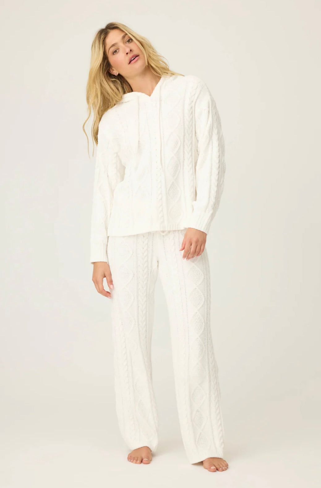PJ Salvage Cozy Chenille Cable Knit Hoodie - Ivory