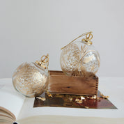 Hand-Blown Etched Glass Ball Ornament with Design, Gold Finish Large