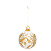 Hand-Blown Etched Glass Ball Ornament with Design, Gold Finish Large
