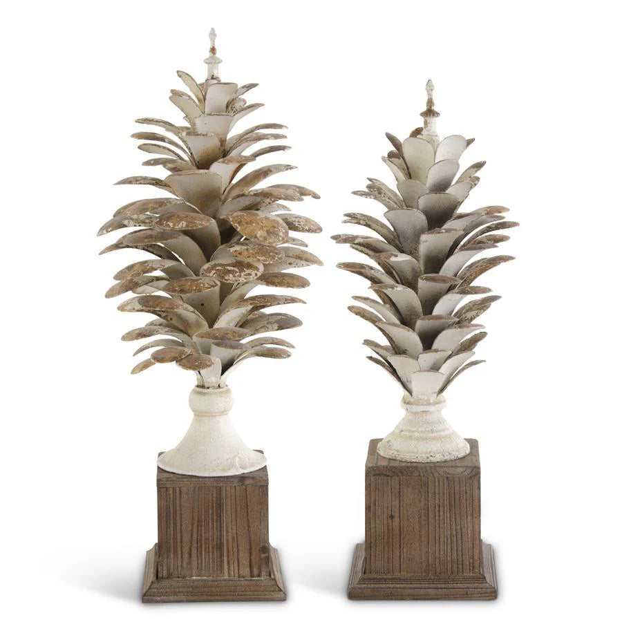 Gold Whitewashed Pinecone Finials On Wood Set Of 2