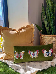 Cotton Velvet Lumbar Pillow with Embroidered Butterflies & Chambray Back