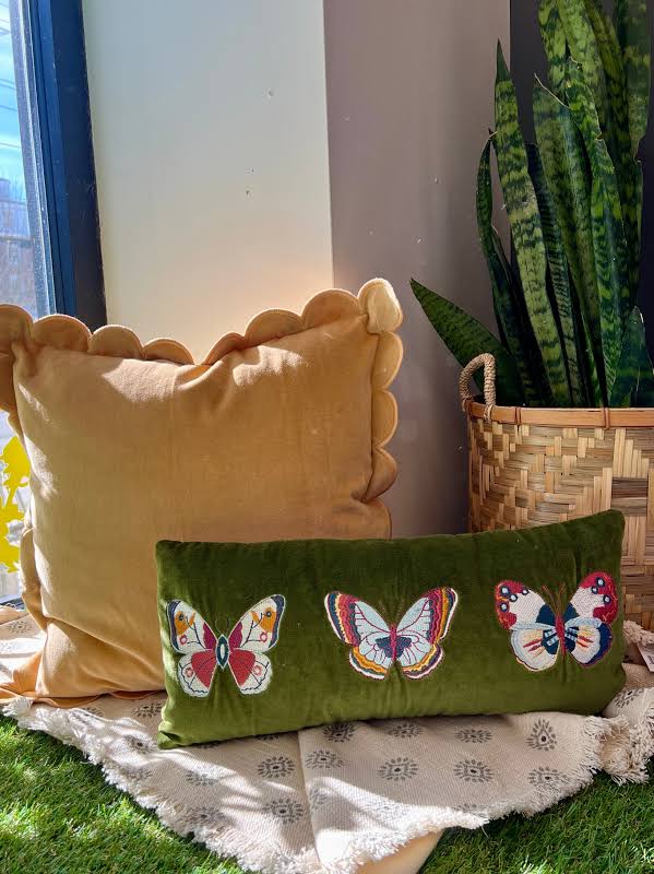 Cotton Velvet Lumbar Pillow with Embroidered Butterflies & Chambray Back