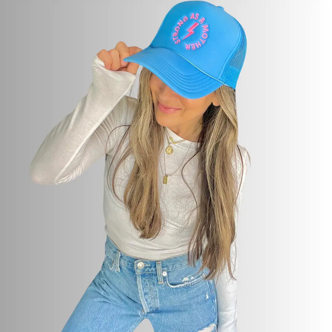 Strong as a Mother Embroidered Trucker Hat - Sky Blue