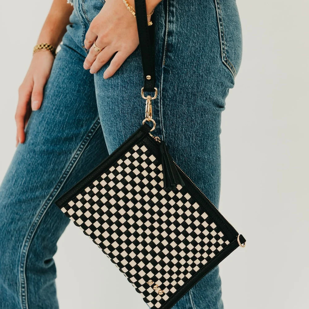 Veda Woven Crossbody & Clutch Bag / Checkered Black