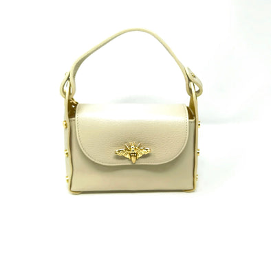 Leather Handbag with Bee-Shaped Clasp - Beige