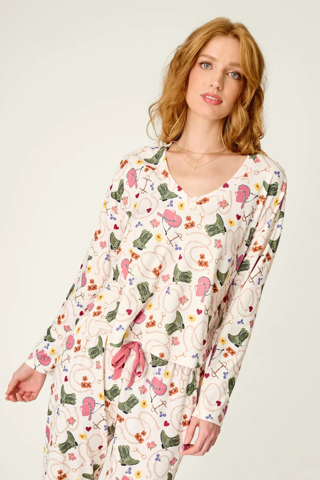 Saddle Up Western Print Long Sleeve V-Neck Top