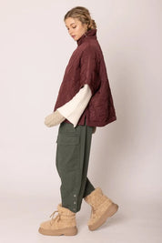 Quarter Zip Quilted Puffer Poncho / Burgundy