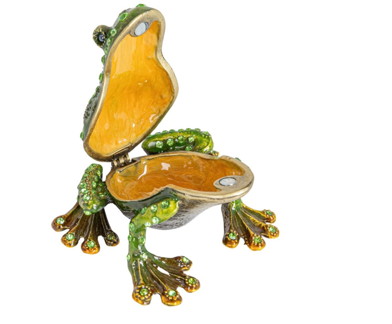 Enameled Metal Frog Shaped Trinket Box w/ Jewels, Gold Finish & Green