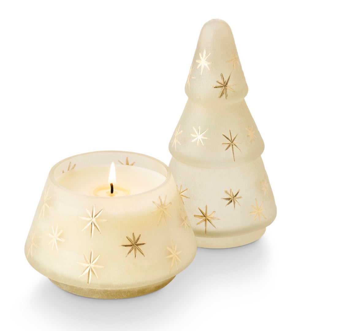 Winter White Frosted Star Glass Tree Candle