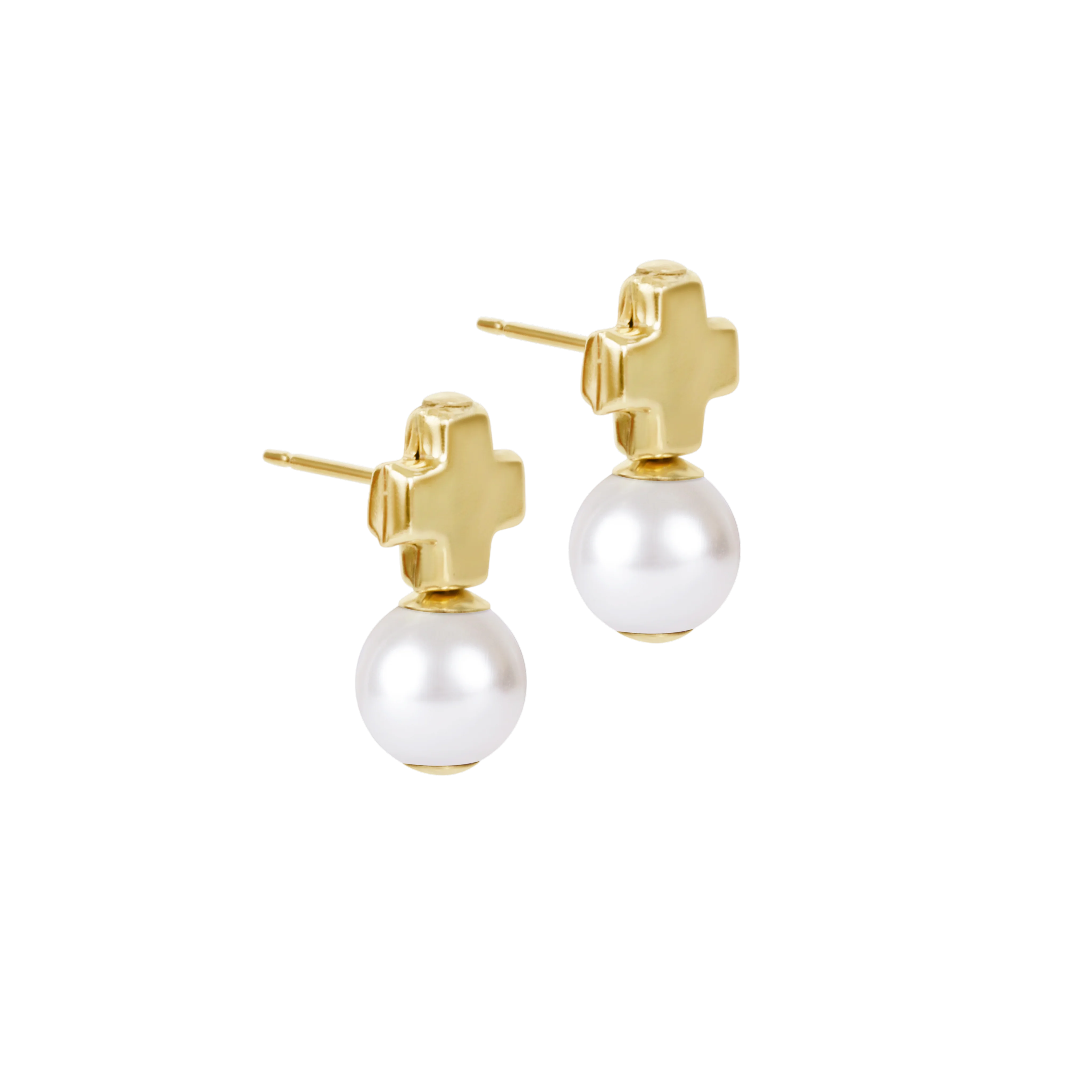 signature cross small gold studs - classic pearl