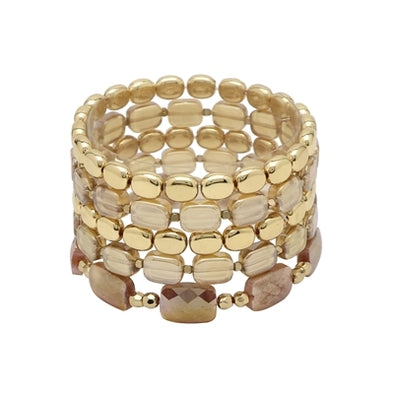 Tan Glass Crystal and Gold Set of 5 Bracelet Stack