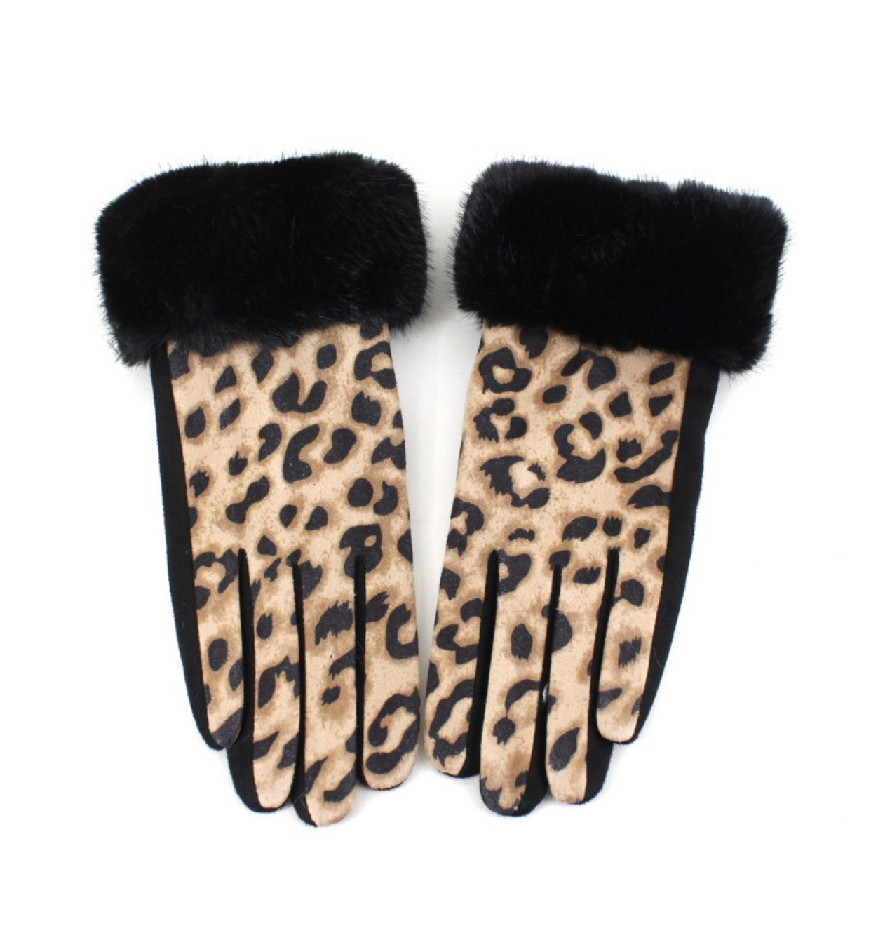 Gloves Leopard Faux Fur Cuff / Beige Black