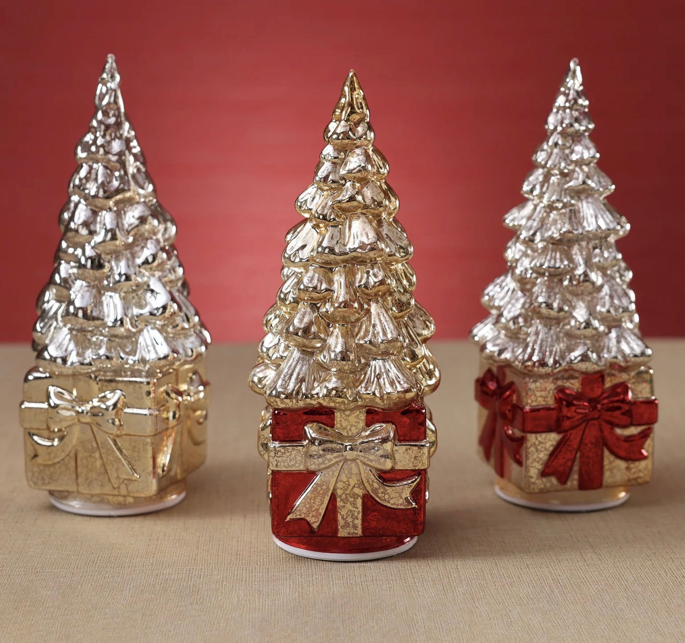 LED Rotating Tree On Present Gold/Red