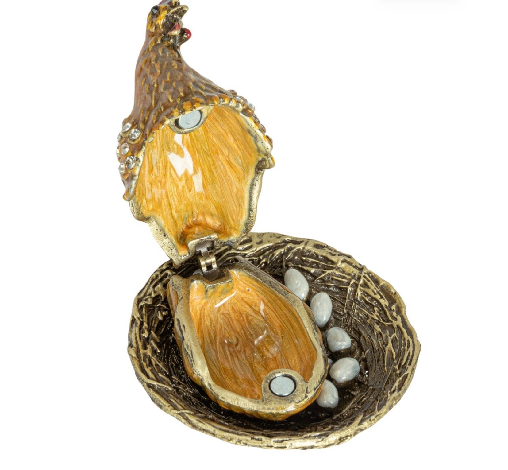 Enameled Metal Hen On Nest Shaped Trinket Box w/ Jewels