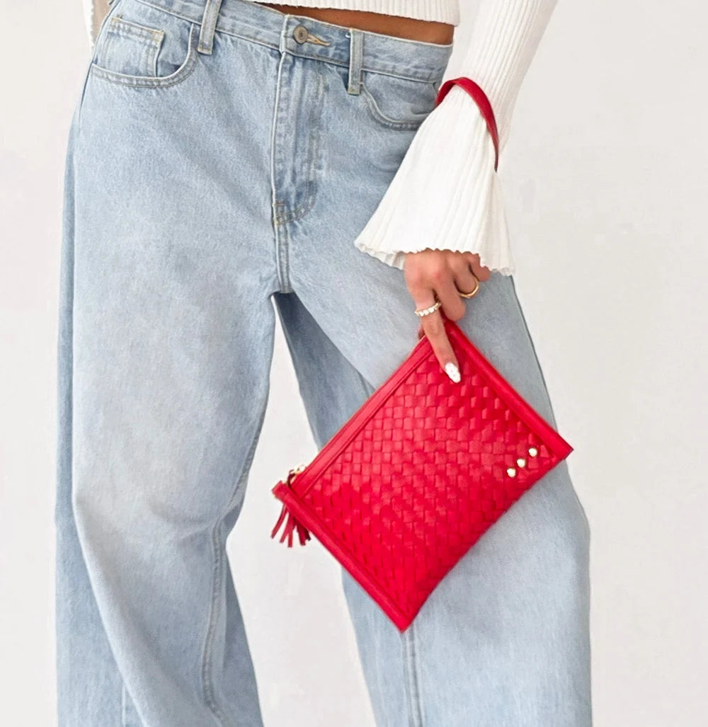 Veda Woven Crossbody & Clutch Bag / Cherry Red