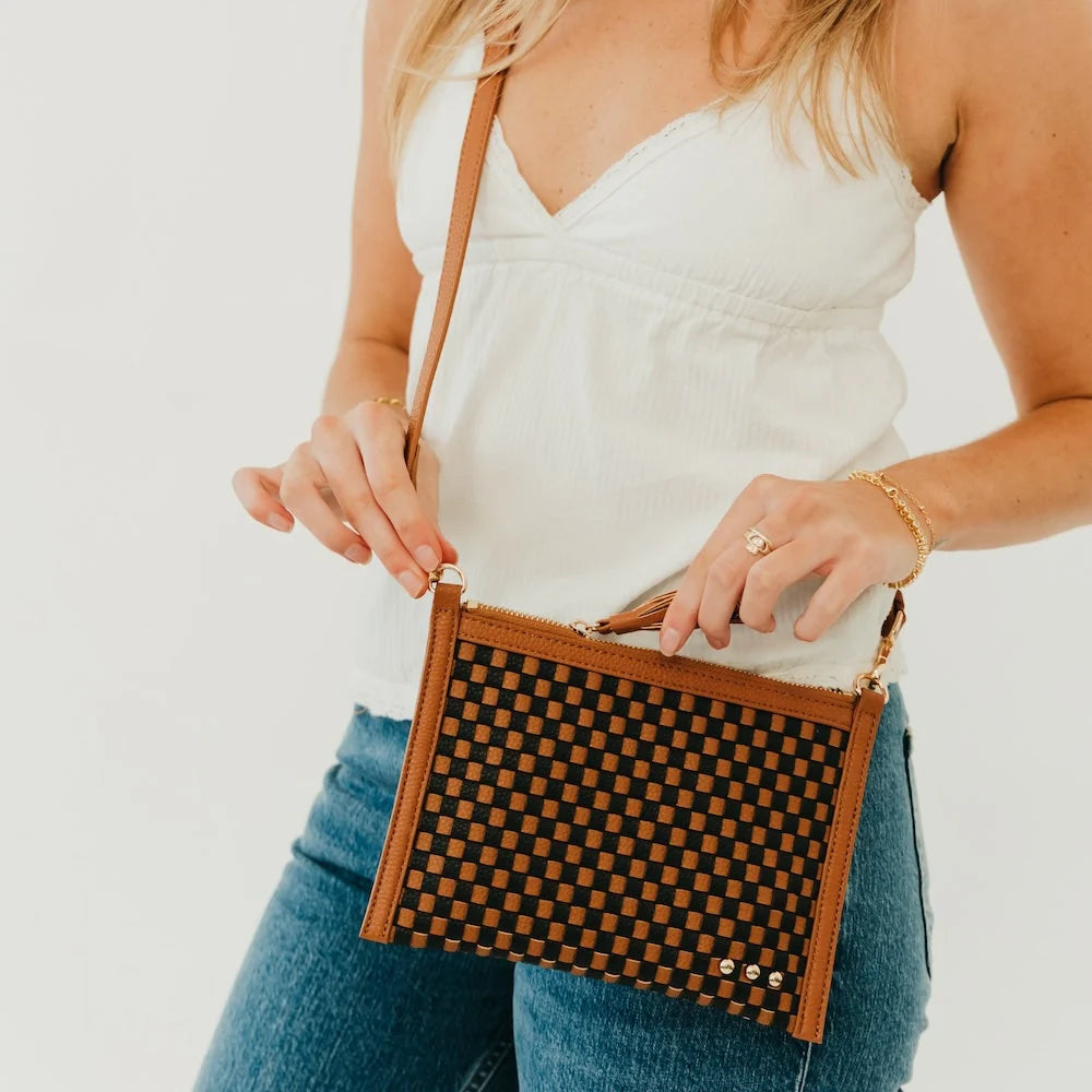 Veda Woven Crossbody & Clutch Bag / Checkered Coffee