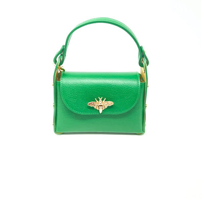 Leather Handbag with Bee-Shaped Clasp - Kelly Green